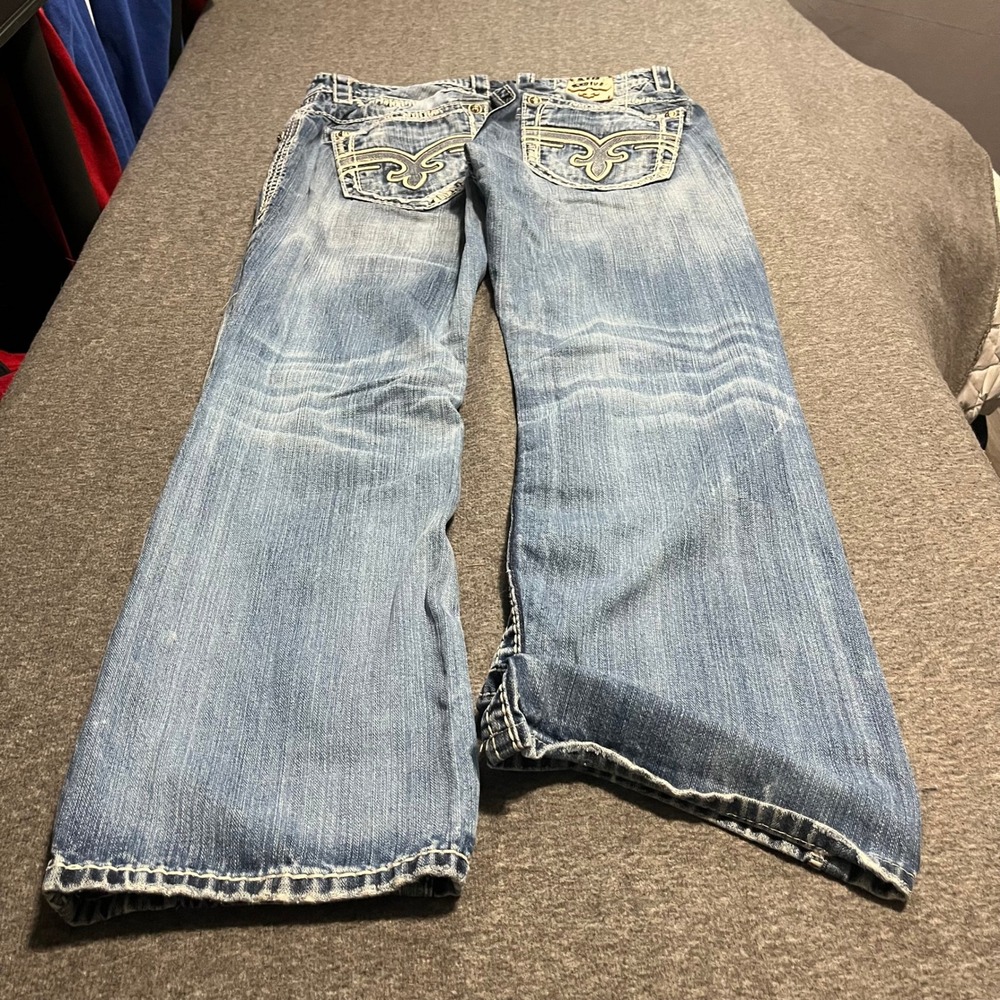 Rock Revival Thom Relaxed Straight Distressed Jeans Mens 33x31 Light Wash Fleur